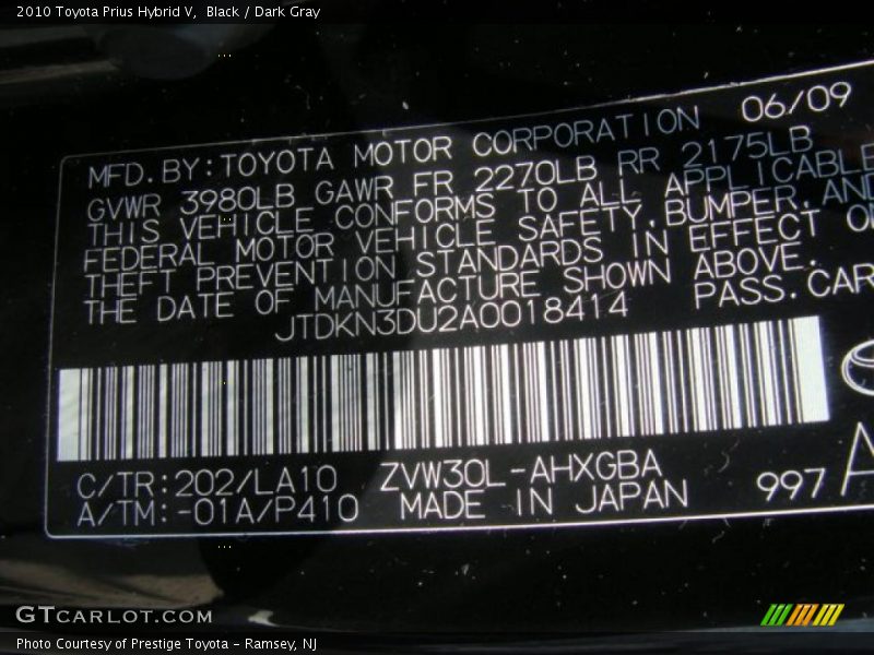 Black / Dark Gray 2010 Toyota Prius Hybrid V