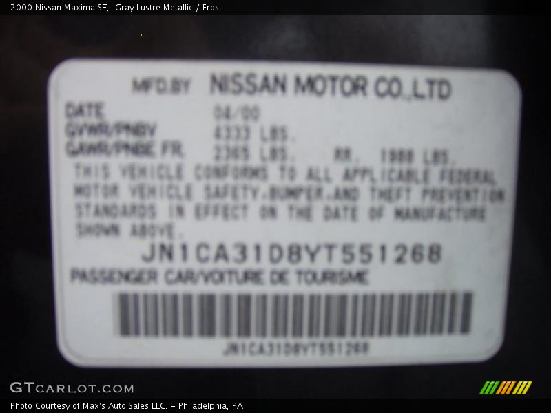 Gray Lustre Metallic / Frost 2000 Nissan Maxima SE
