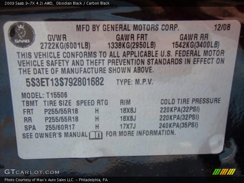 Obsidian Black / Carbon Black 2009 Saab 9-7X 4.2i AWD