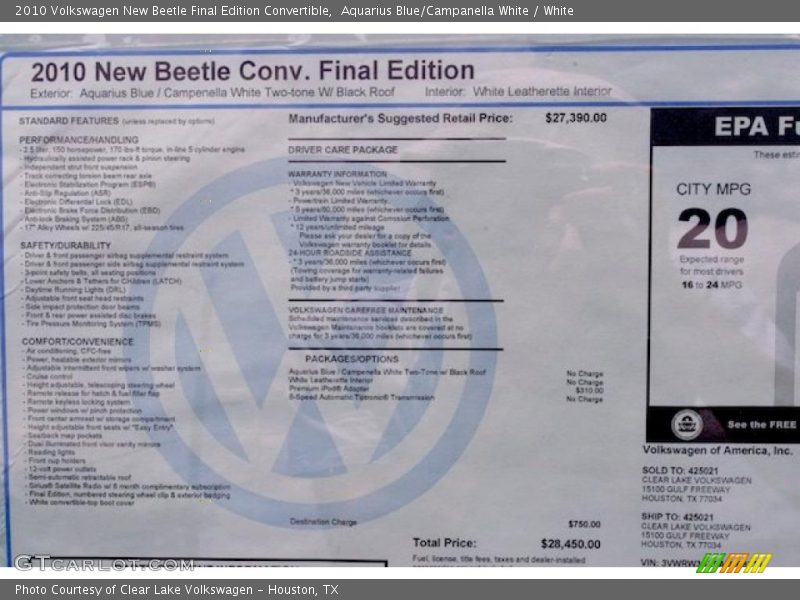 Aquarius Blue/Campanella White / White 2010 Volkswagen New Beetle Final Edition Convertible