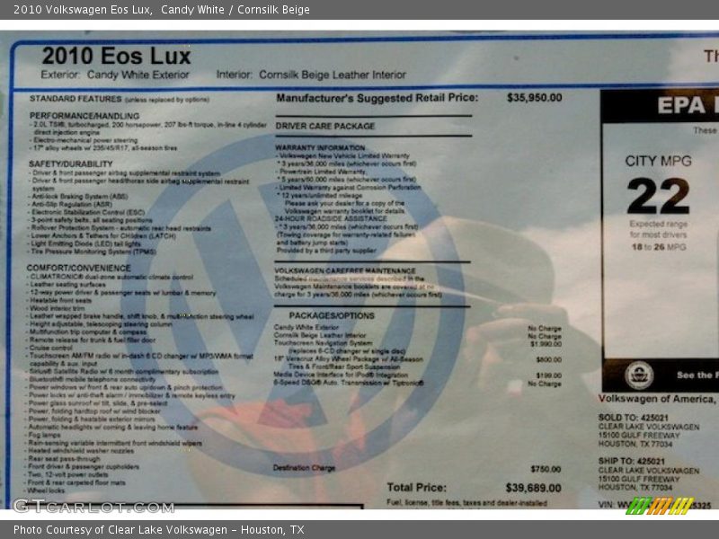 Candy White / Cornsilk Beige 2010 Volkswagen Eos Lux