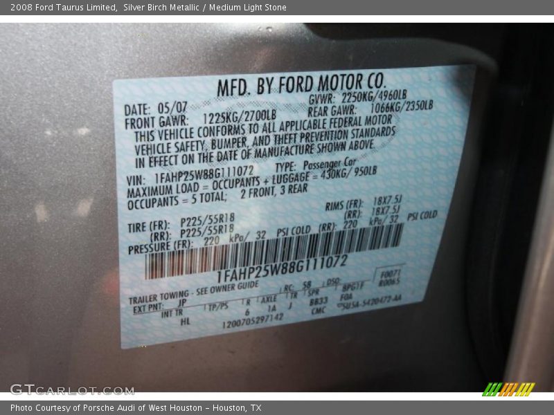 Silver Birch Metallic / Medium Light Stone 2008 Ford Taurus Limited