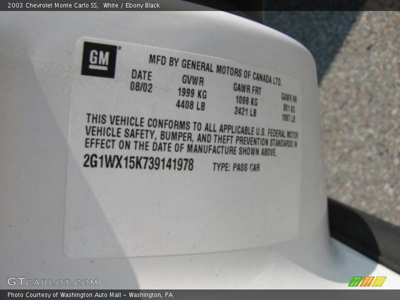 White / Ebony Black 2003 Chevrolet Monte Carlo SS