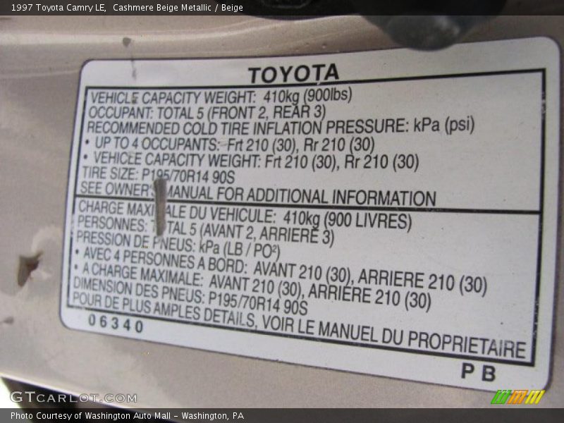 Cashmere Beige Metallic / Beige 1997 Toyota Camry LE