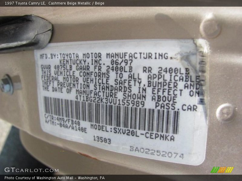Cashmere Beige Metallic / Beige 1997 Toyota Camry LE
