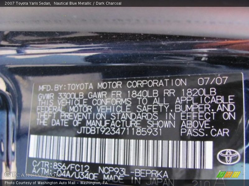 Nautical Blue Metallic / Dark Charcoal 2007 Toyota Yaris Sedan