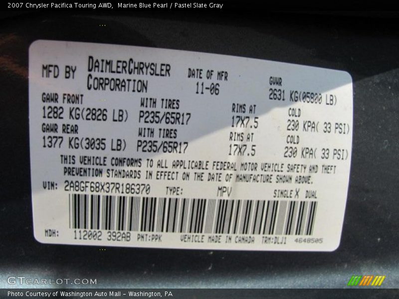 Marine Blue Pearl / Pastel Slate Gray 2007 Chrysler Pacifica Touring AWD