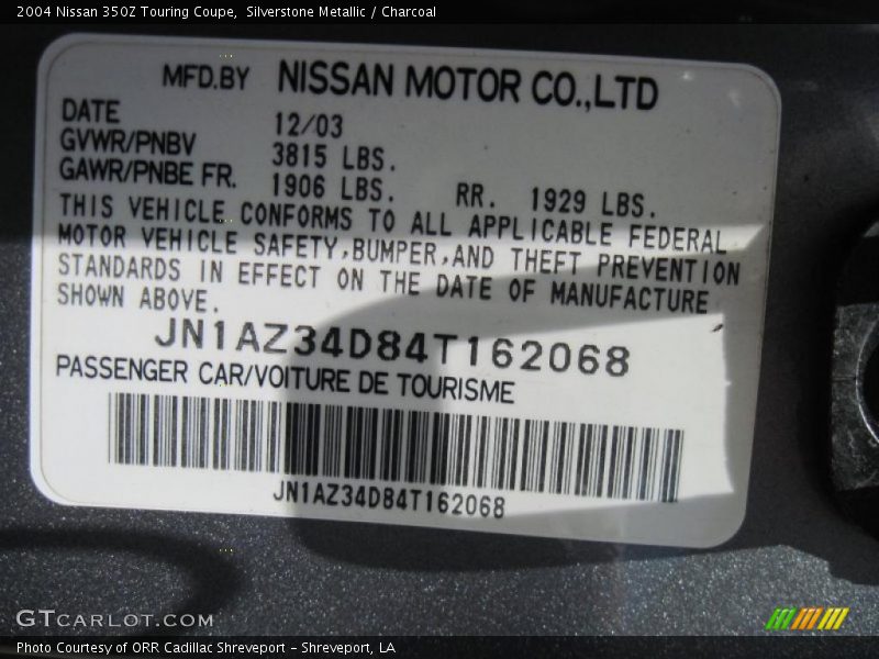 Silverstone Metallic / Charcoal 2004 Nissan 350Z Touring Coupe