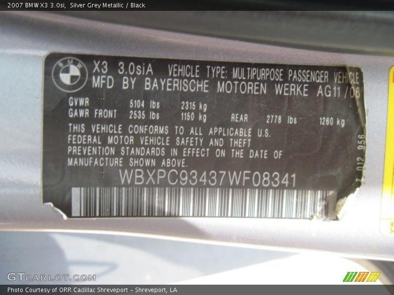 Silver Grey Metallic / Black 2007 BMW X3 3.0si