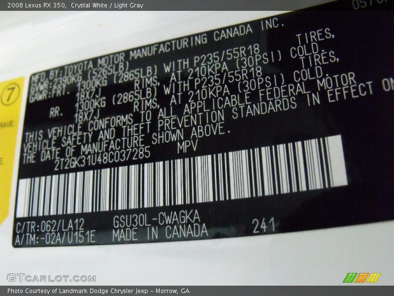 Crystal White / Light Gray 2008 Lexus RX 350