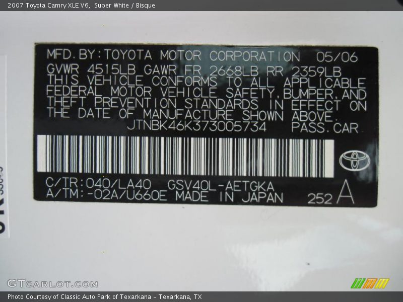 Super White / Bisque 2007 Toyota Camry XLE V6