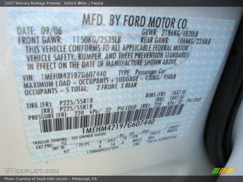 Oxford White / Pebble 2007 Mercury Montego Premier