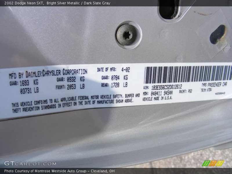 Bright Silver Metallic / Dark Slate Gray 2002 Dodge Neon SXT