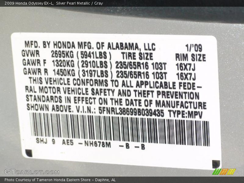 Silver Pearl Metallic / Gray 2009 Honda Odyssey EX-L