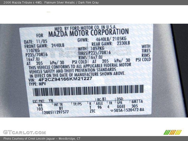 Platinum Silver Metallic / Dark Flint Gray 2006 Mazda Tribute s 4WD