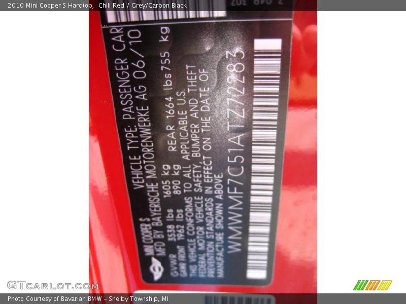Chili Red / Grey/Carbon Black 2010 Mini Cooper S Hardtop