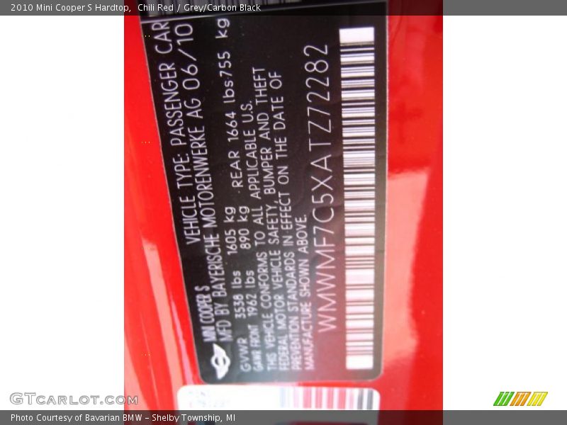 Chili Red / Grey/Carbon Black 2010 Mini Cooper S Hardtop