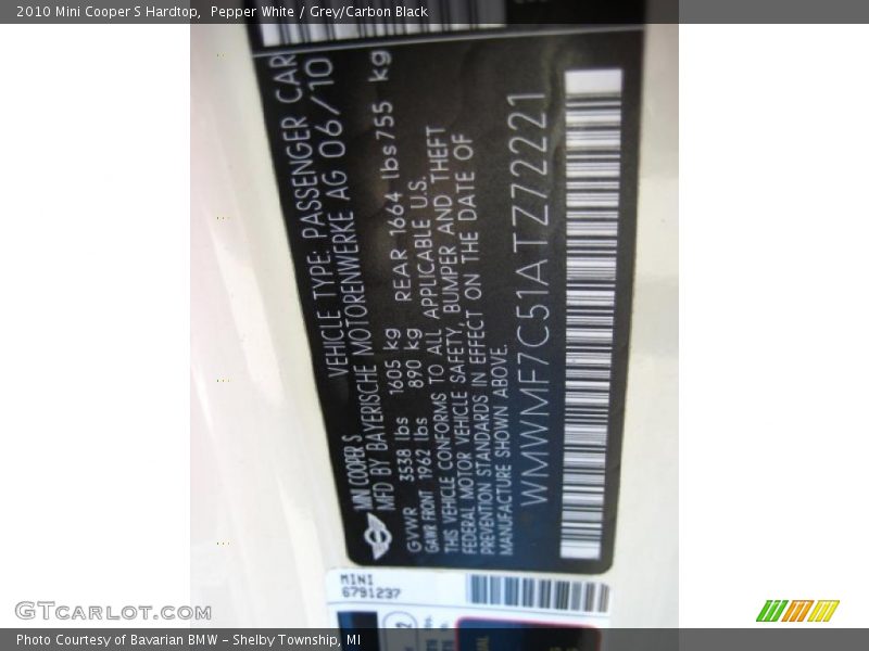 Pepper White / Grey/Carbon Black 2010 Mini Cooper S Hardtop