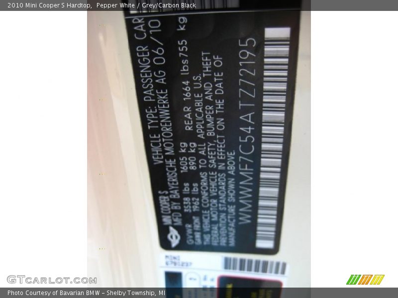 Pepper White / Grey/Carbon Black 2010 Mini Cooper S Hardtop