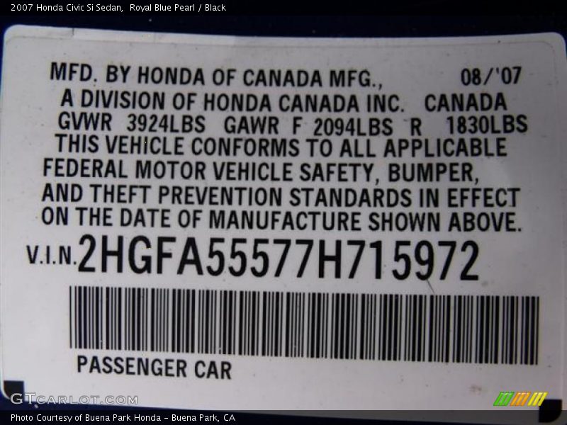 Royal Blue Pearl / Black 2007 Honda Civic Si Sedan