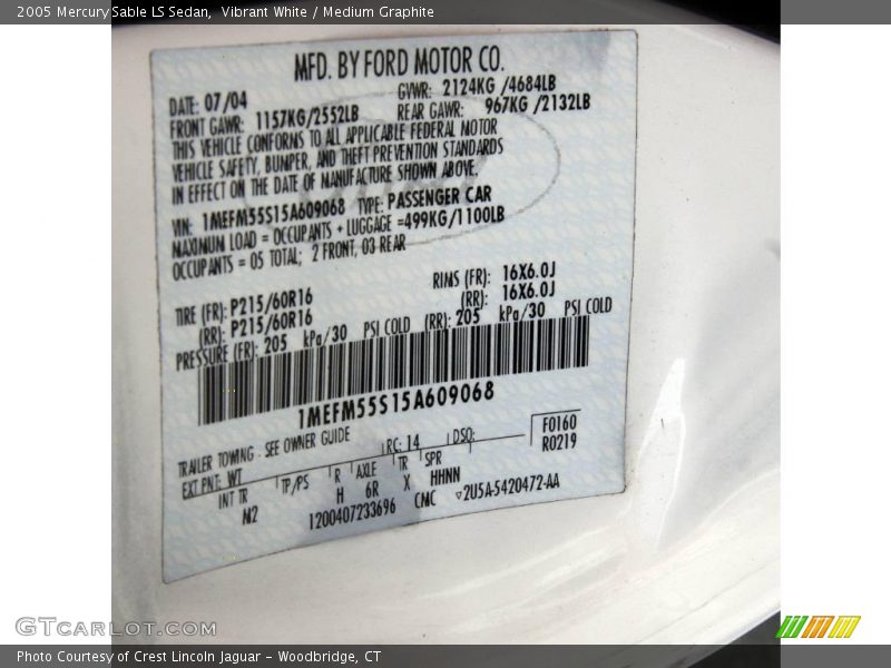 Vibrant White / Medium Graphite 2005 Mercury Sable LS Sedan