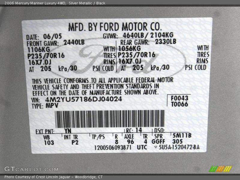 Silver Metallic / Black 2006 Mercury Mariner Luxury 4WD