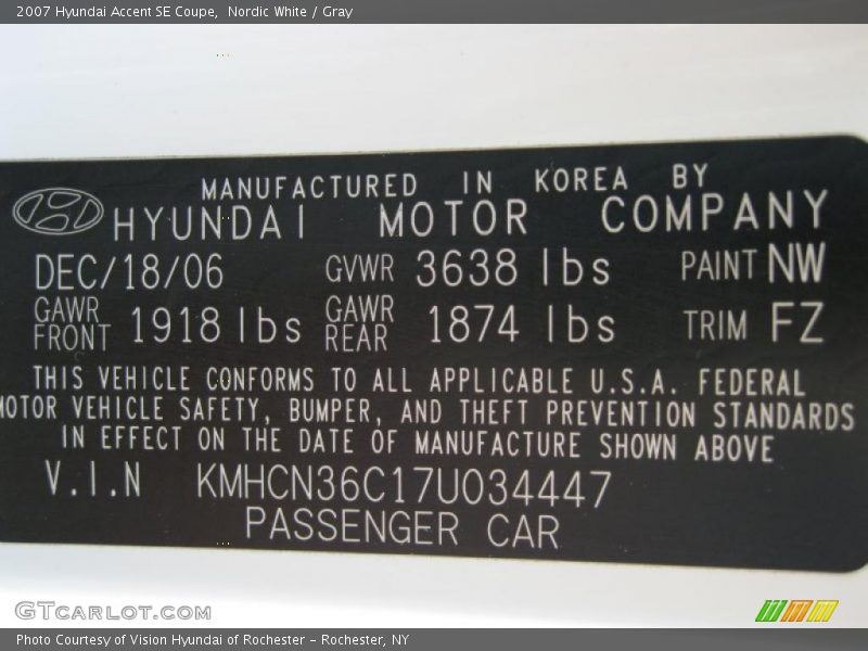 Nordic White / Gray 2007 Hyundai Accent SE Coupe