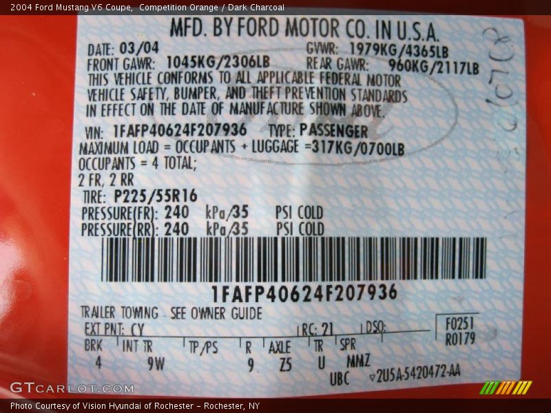 Competition Orange / Dark Charcoal 2004 Ford Mustang V6 Coupe