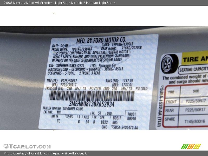 Light Sage Metallic / Medium Light Stone 2008 Mercury Milan V6 Premier