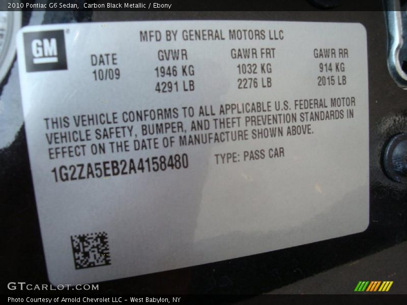 Carbon Black Metallic / Ebony 2010 Pontiac G6 Sedan