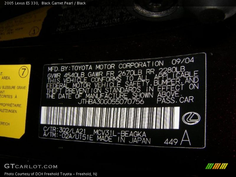 Black Garnet Pearl / Black 2005 Lexus ES 330