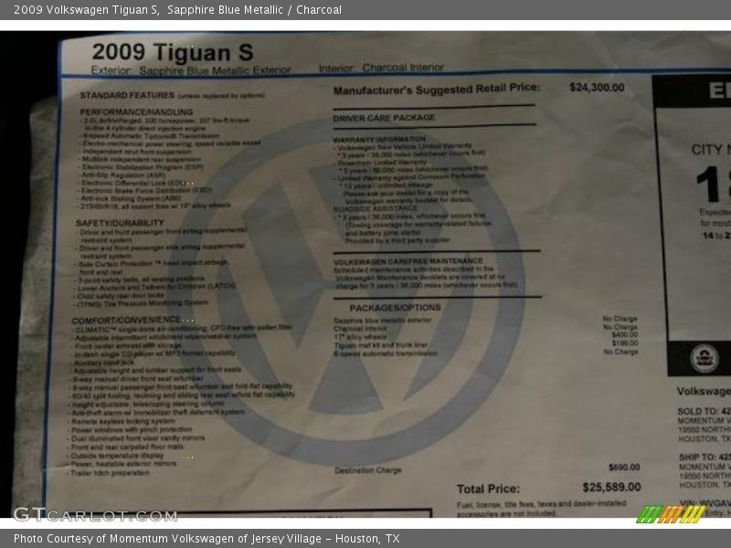 Sapphire Blue Metallic / Charcoal 2009 Volkswagen Tiguan S