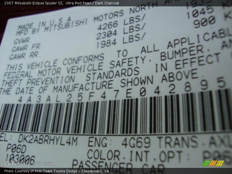 Ultra Red Pearl / Dark Charcoal 2007 Mitsubishi Eclipse Spyder GS