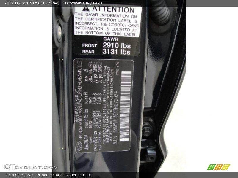 Deepwater Blue / Beige 2007 Hyundai Santa Fe Limited