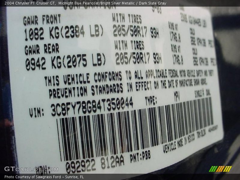 2004 PT Cruiser GT Midnight Blue Pearlcoat/Bright Silver Metallic Color Code PB8