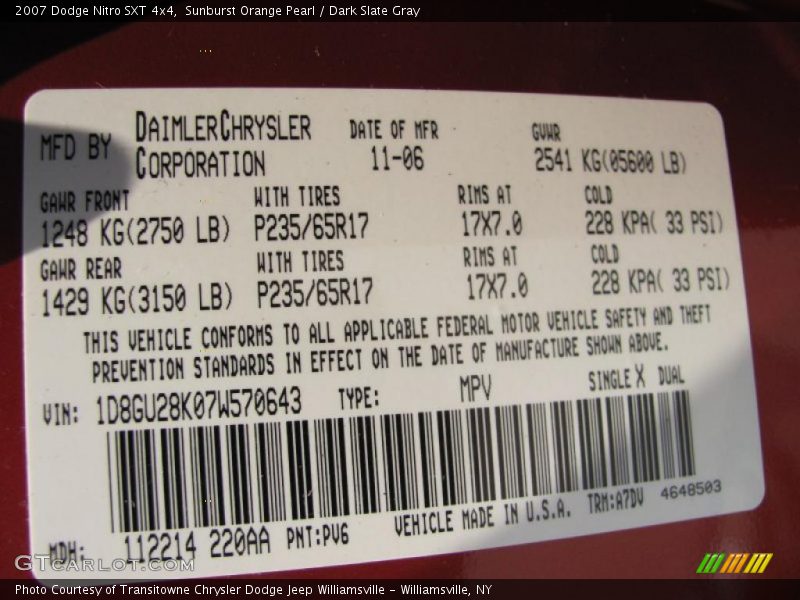 Sunburst Orange Pearl / Dark Slate Gray 2007 Dodge Nitro SXT 4x4
