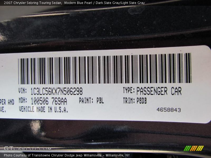 Modern Blue Pearl / Dark Slate Gray/Light Slate Gray 2007 Chrysler Sebring Touring Sedan
