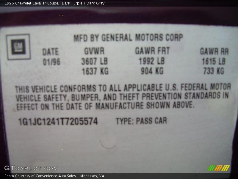 Dark Purple / Dark Gray 1996 Chevrolet Cavalier Coupe