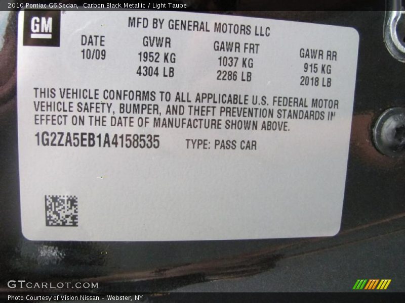 Carbon Black Metallic / Light Taupe 2010 Pontiac G6 Sedan