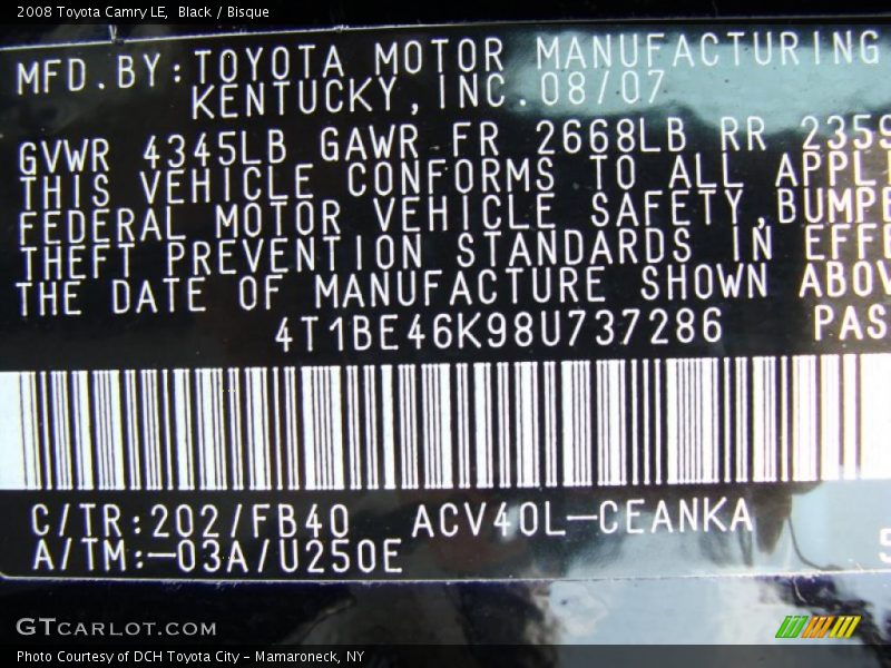 Black / Bisque 2008 Toyota Camry LE
