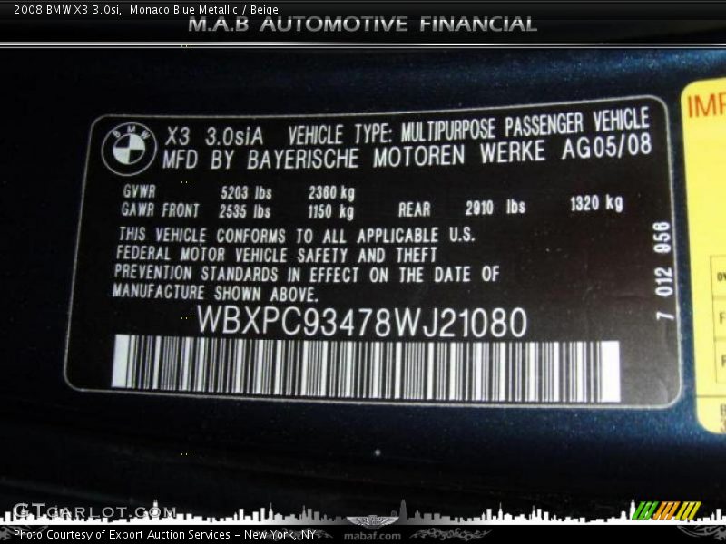 Monaco Blue Metallic / Beige 2008 BMW X3 3.0si