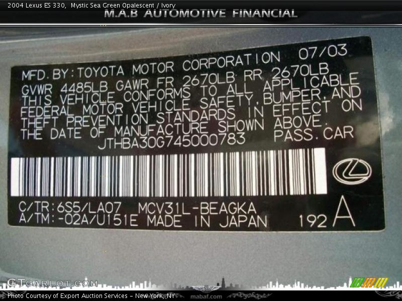 Mystic Sea Green Opalescent / Ivory 2004 Lexus ES 330