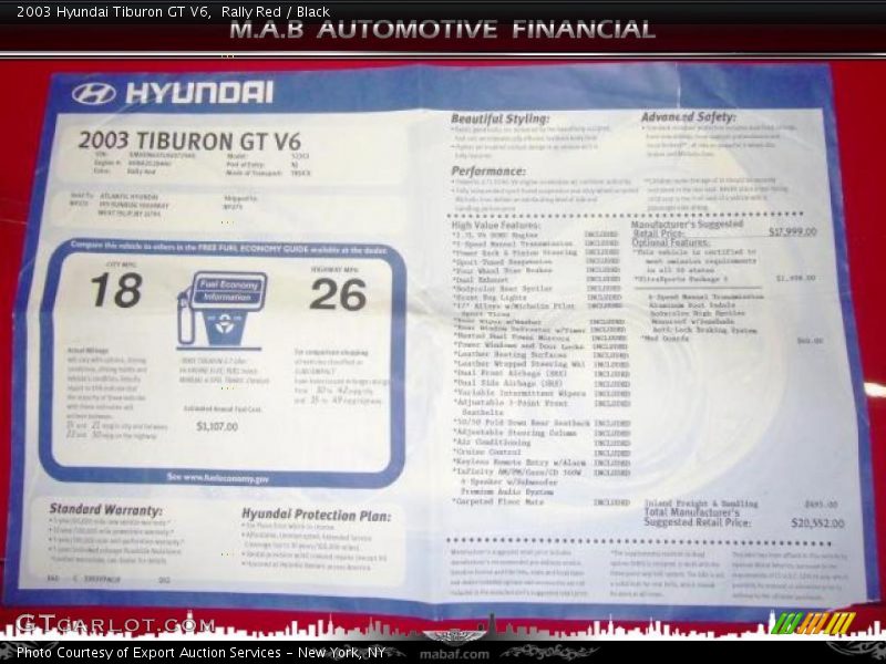  2003 Tiburon GT V6 Window Sticker