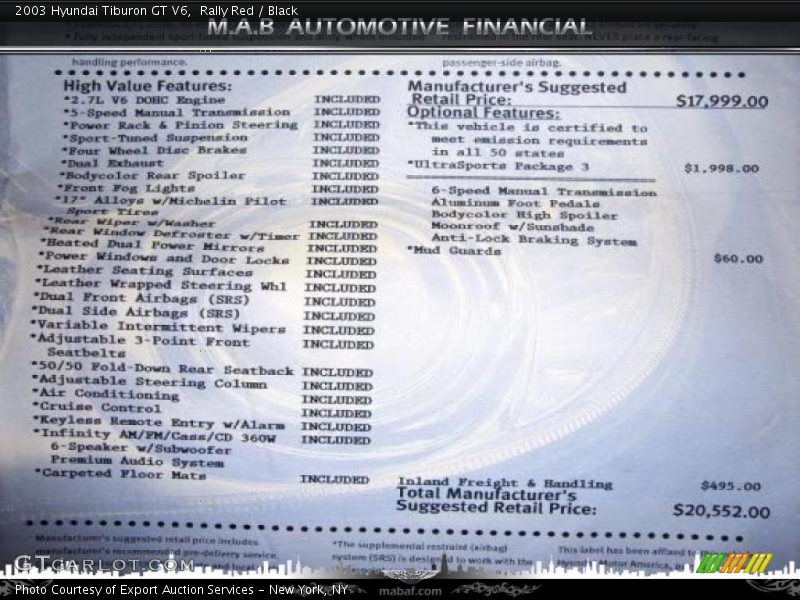  2003 Tiburon GT V6 Window Sticker