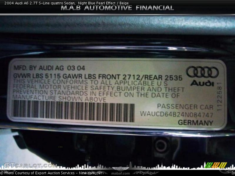 Night Blue Pearl Effect / Beige 2004 Audi A6 2.7T S-Line quattro Sedan