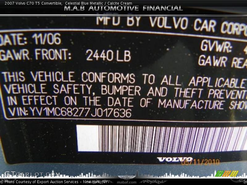 Celestial Blue Metallic / Calcite Cream 2007 Volvo C70 T5 Convertible
