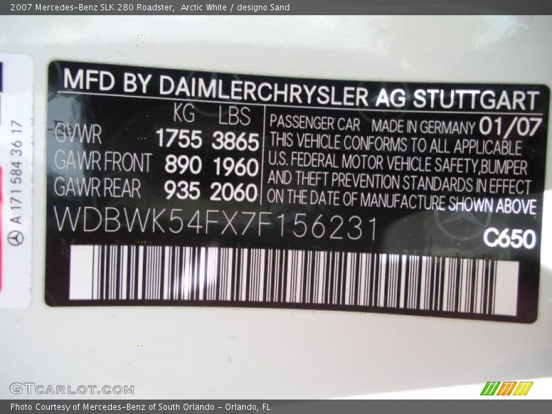 Arctic White / designo Sand 2007 Mercedes-Benz SLK 280 Roadster
