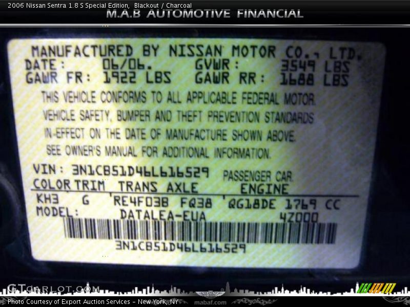 Blackout / Charcoal 2006 Nissan Sentra 1.8 S Special Edition