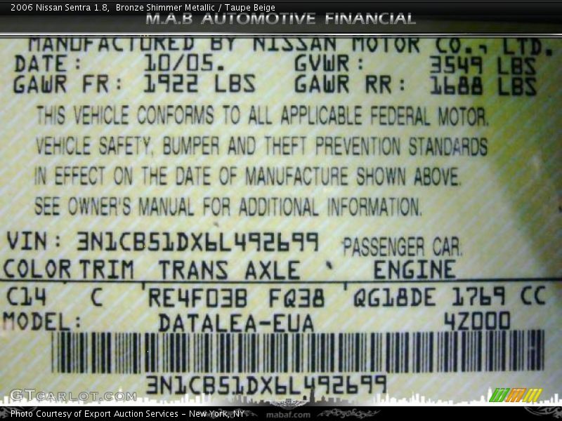 Bronze Shimmer Metallic / Taupe Beige 2006 Nissan Sentra 1.8