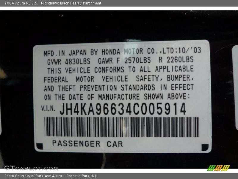 Nighthawk Black Pearl / Parchment 2004 Acura RL 3.5